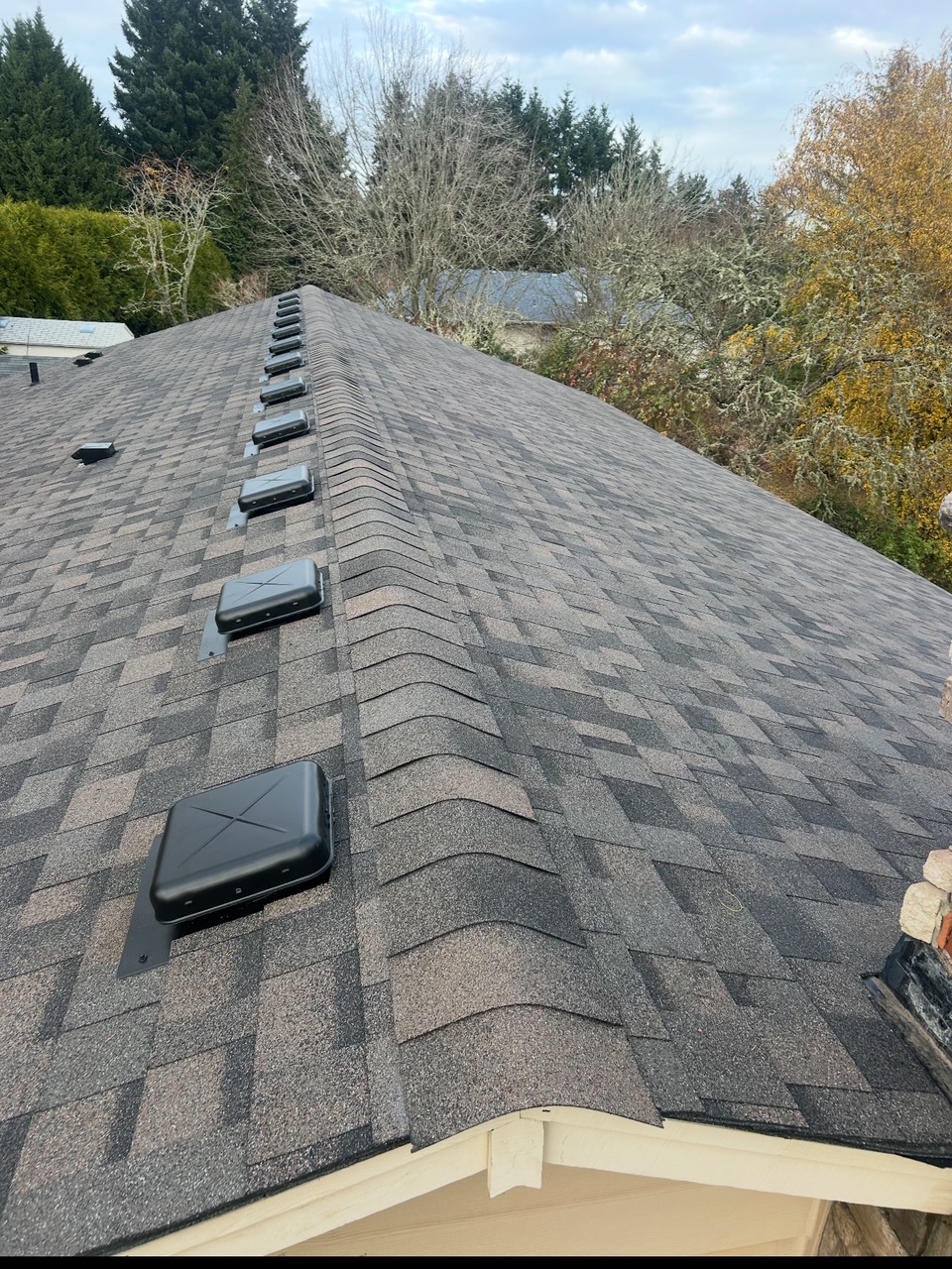 Completed roof replacement — finished ridge vents and clean shingle line