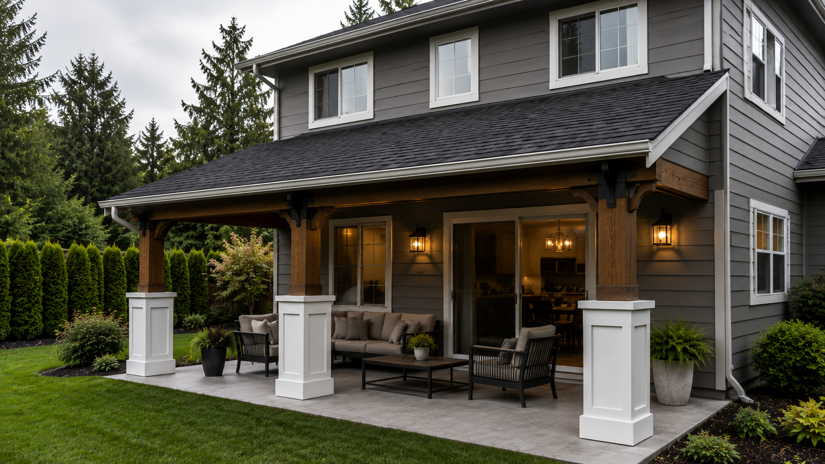 Home-integrated patio cover with asphalt shingle roof, stained timber, and wrapped post bases
