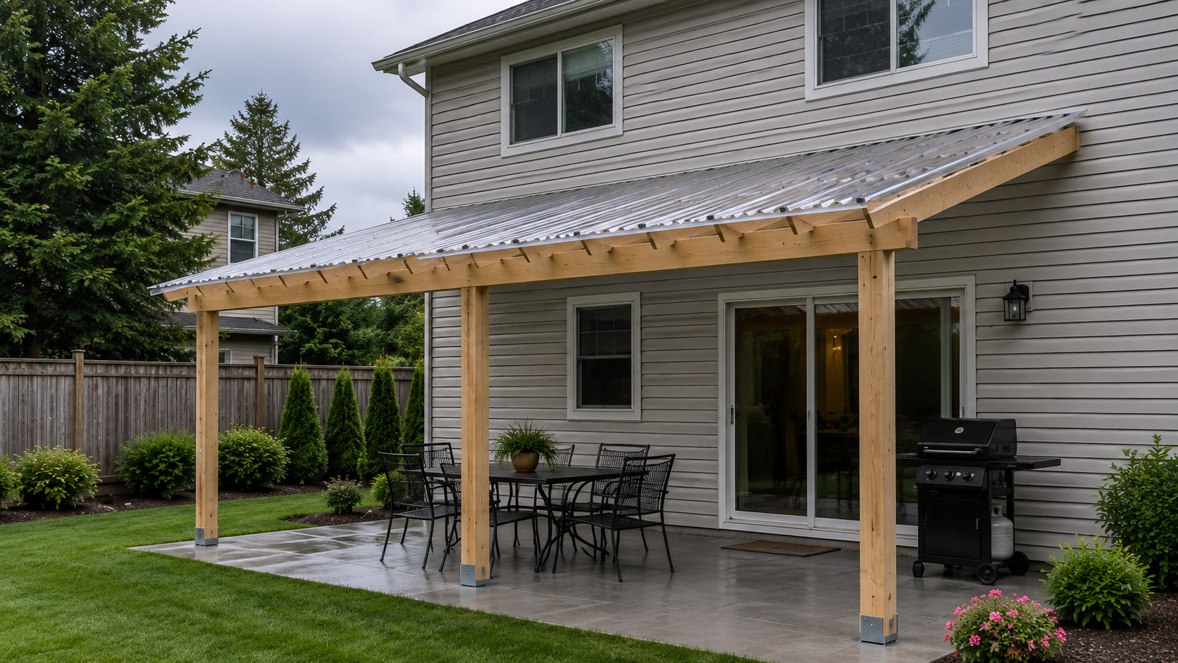Pressure-treated wood patio cover with clear corrugated polycarbonate roofing