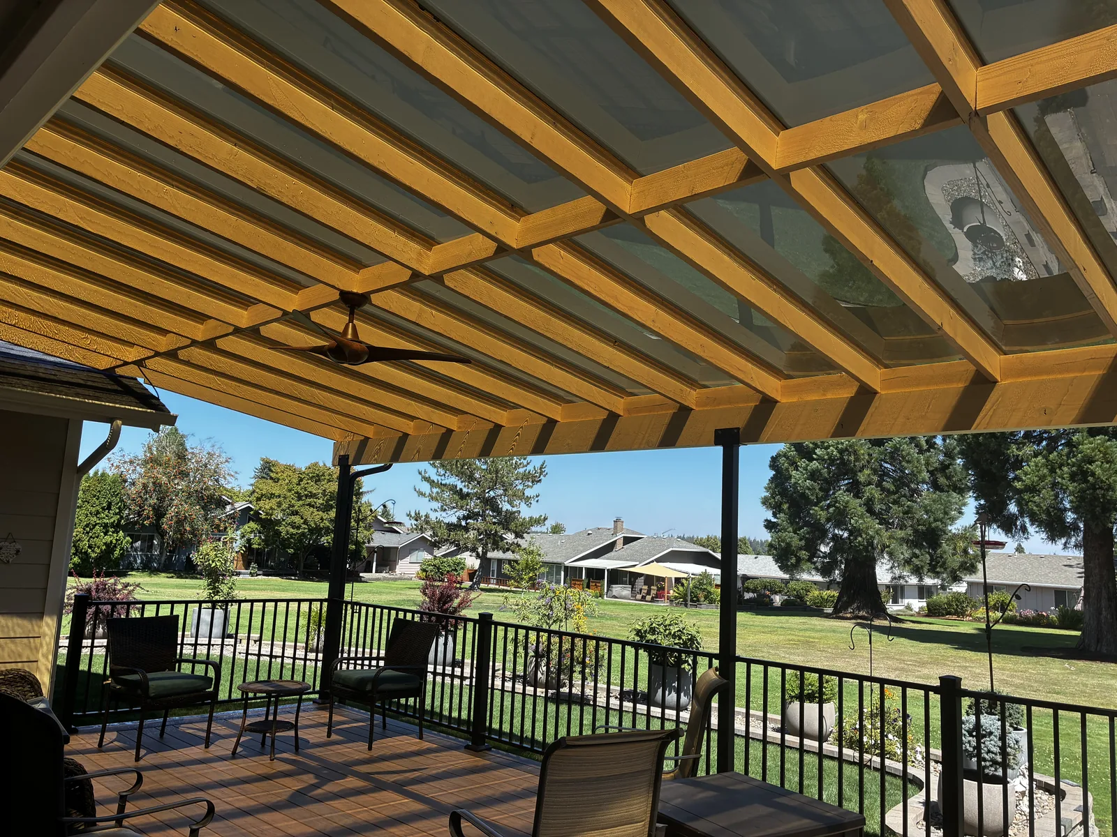Close-up of EZ-Glaze polycarbonate roofing panels on a completed covered patio, Clark County WA